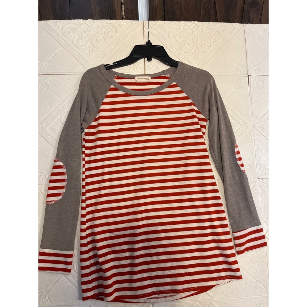 Twenty Second Womens Red White Striped Raglan Baseball Tee Gray Sleeves Small